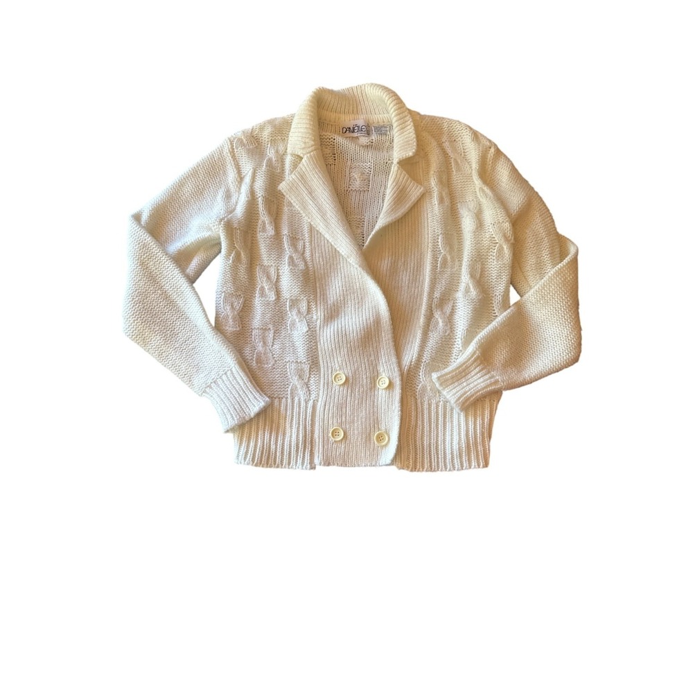 Vintage 80s Cream Knit Cardigan Sweater L Fisherman Nautical Preppy Cable Knit